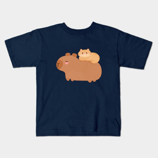Funny Capybara with cat Kids T-Shirt by tinyfloofstar